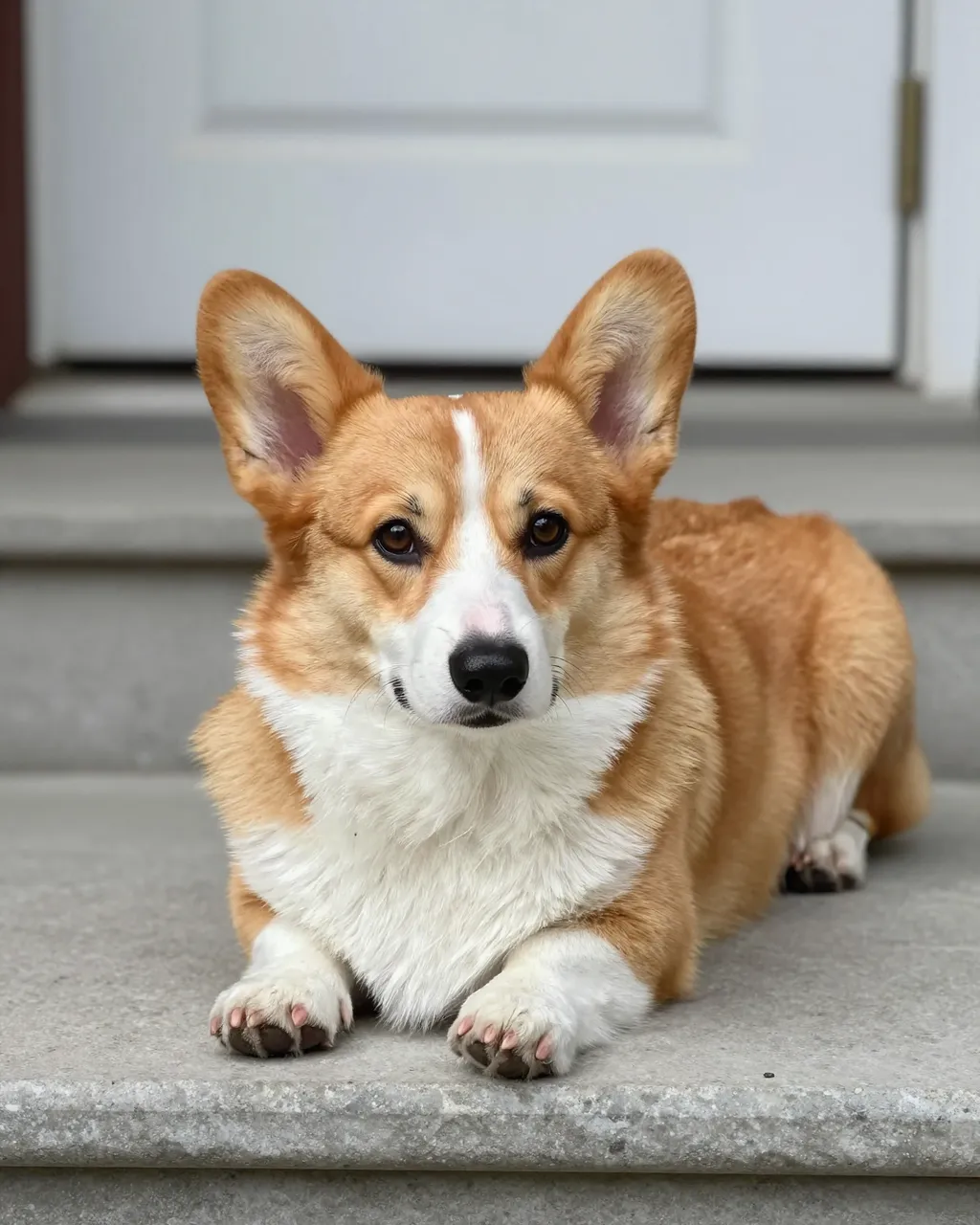A red and white Pembroke Welsh Corgi lies calmly on a concrete porch step facing the camera.