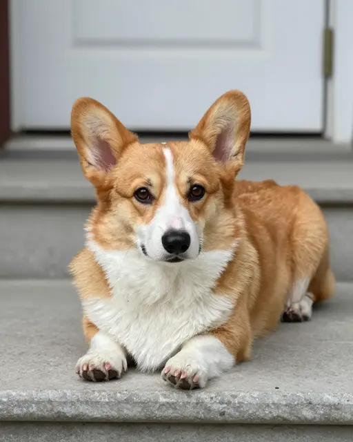 A red and white Pembroke Welsh Corgi lies calmly on a concrete porch step facing the camera.