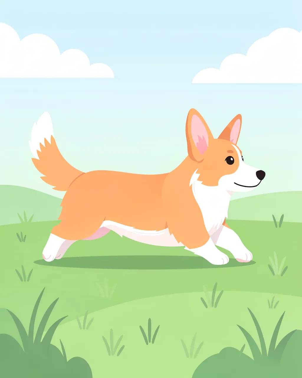 A cheerful side view of a cartoon corgi running across a grassy meadow under a soft pastel sky.