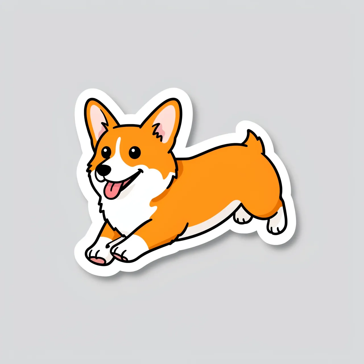 A die-cut sticker of a happy running corgi with a thick white border on a light gray background