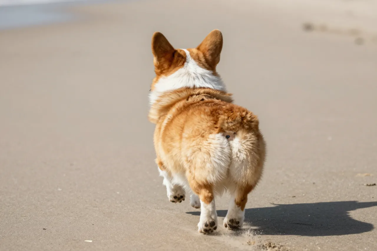 A fluffy tan and white corgi trots away from the camera along smooth wet beach sand on a sunny day.