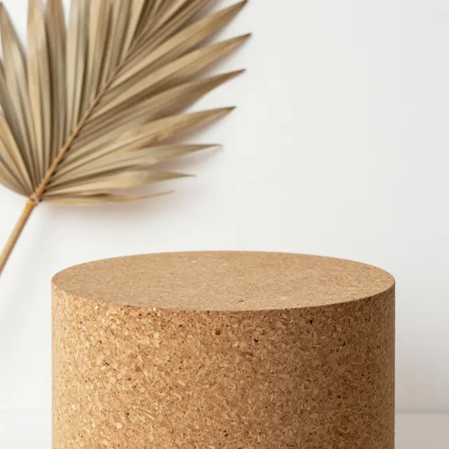 Cylindrical cork display podium sits against a warm white backdrop with a dried palm leaf in the corner