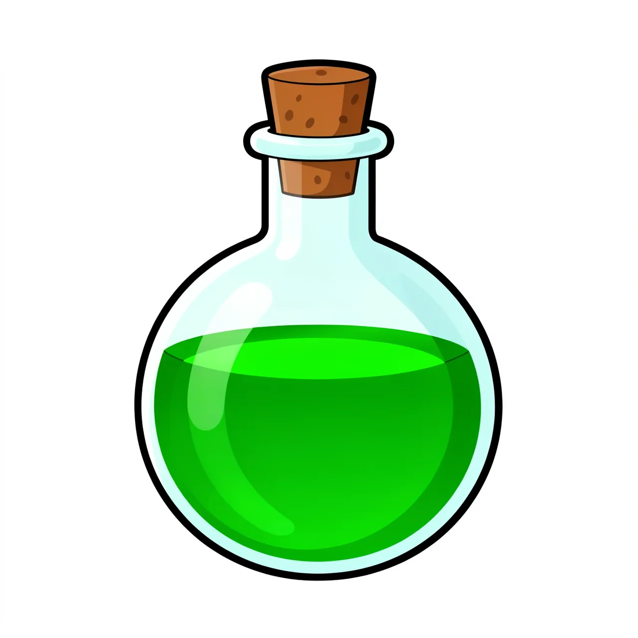Flat cartoon illustration of a round glass potion flask with glowing green liquid and a cork on a plain white background