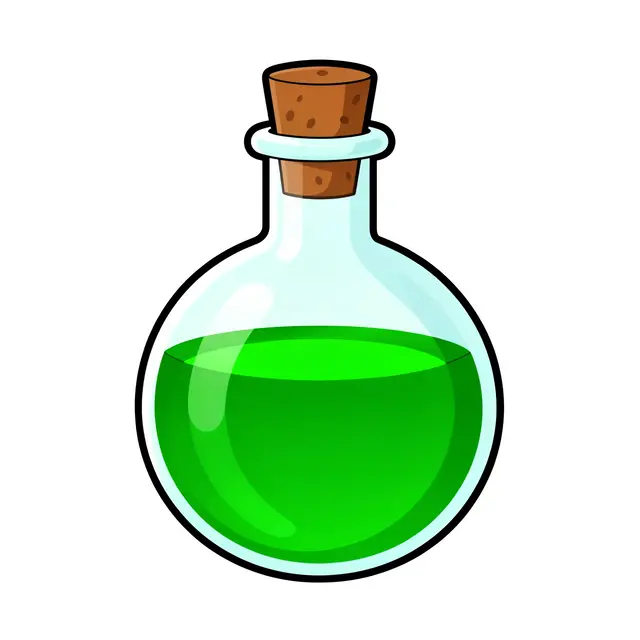Flat cartoon illustration of a round glass potion flask with glowing green liquid and a cork on a plain white background