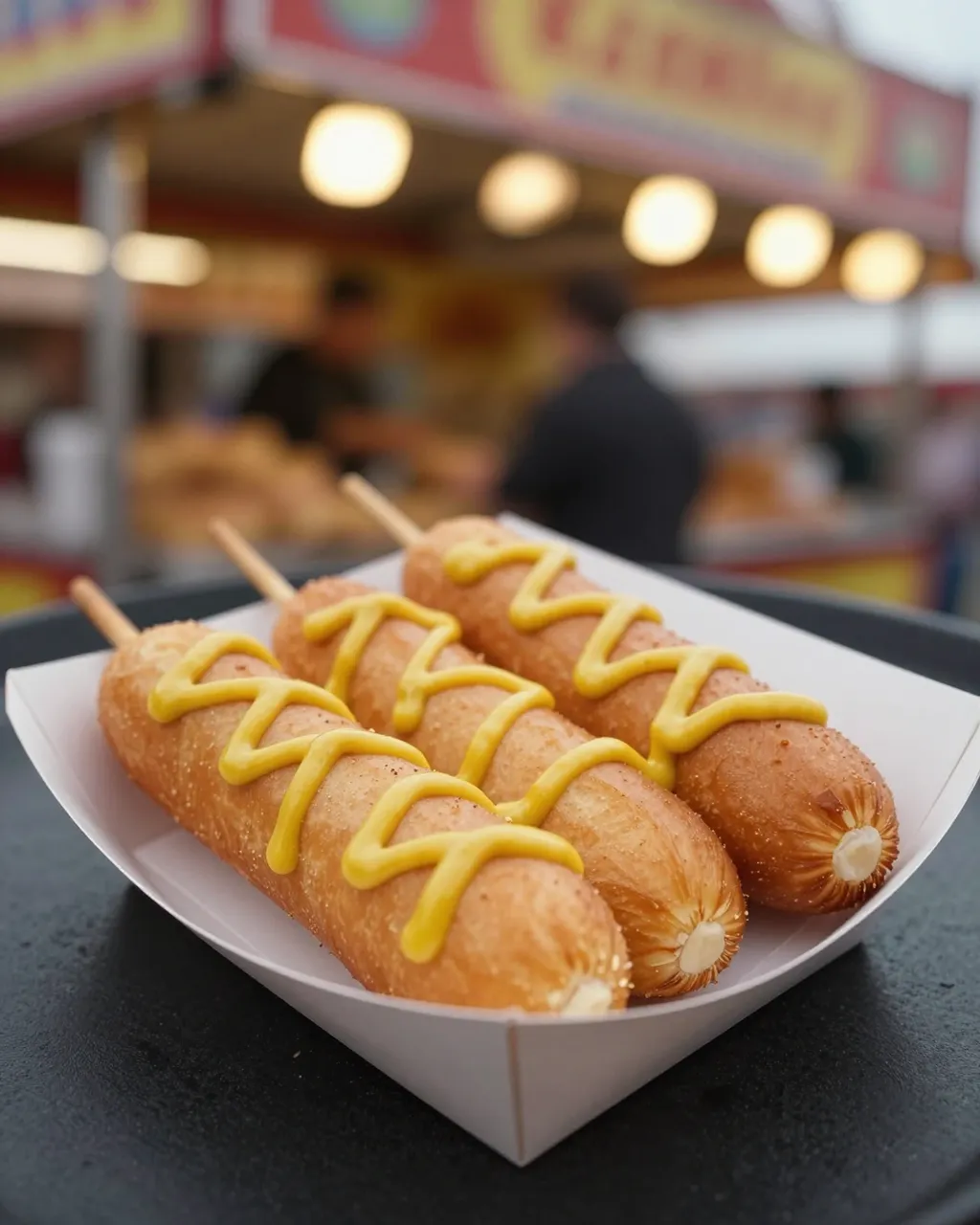 Three mustard-drizzled corn dogs rest in a paper tray with blurred fair lights behind