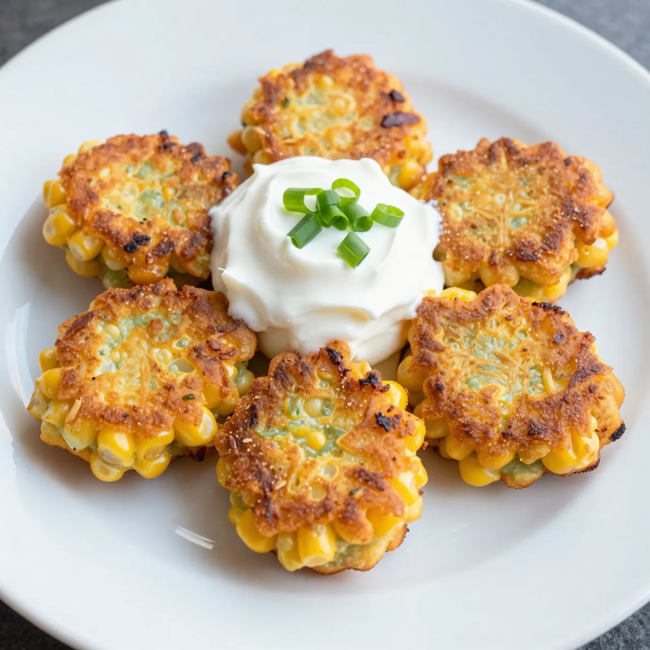 Golden crispy corn fritters arranged around a dollop of sour cream topped with scallions on a white plate