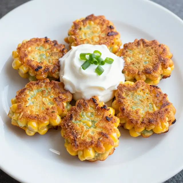 Golden crispy corn fritters arranged around a dollop of sour cream topped with scallions on a white plate