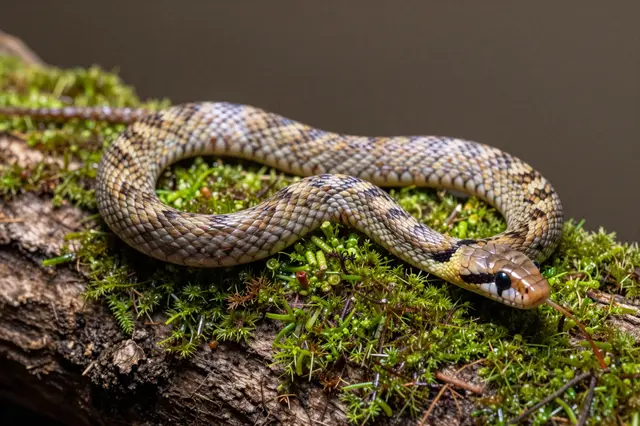 A patterned corn snake rests on a moss-covered log with its tongue extended.
