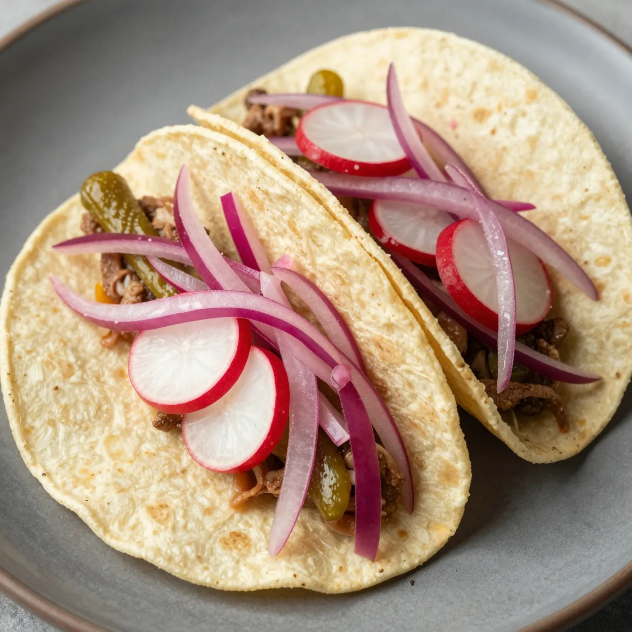 Top-down close-up of two corn tortilla tacos topped with radish, pickled onion and savory filling on a gray plate