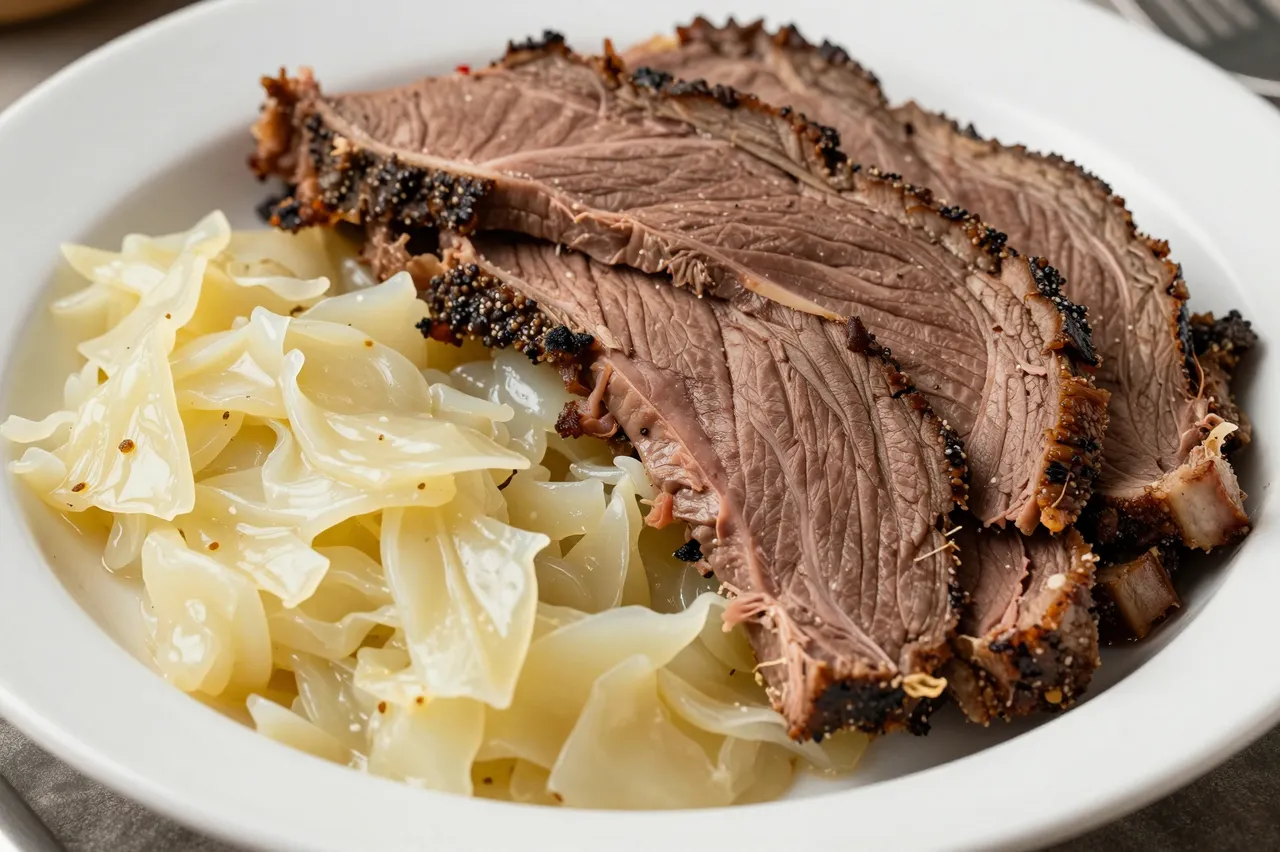 Sliced seasoned corned beef and tender cooked cabbage served in a white ceramic bowl
