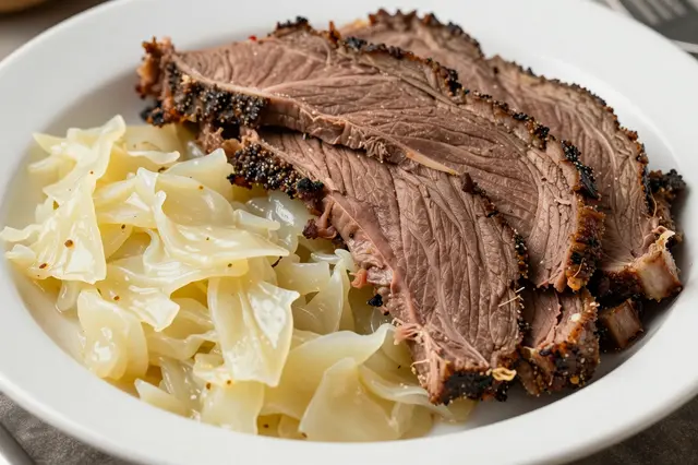 Sliced seasoned corned beef and tender cooked cabbage served in a white ceramic bowl