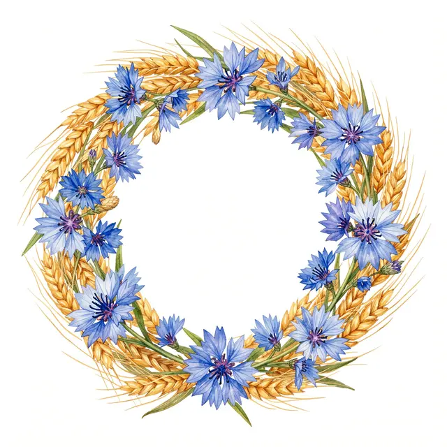 Watercolor round wreath of blue cornflowers and golden wheat with an empty center on a plain white background