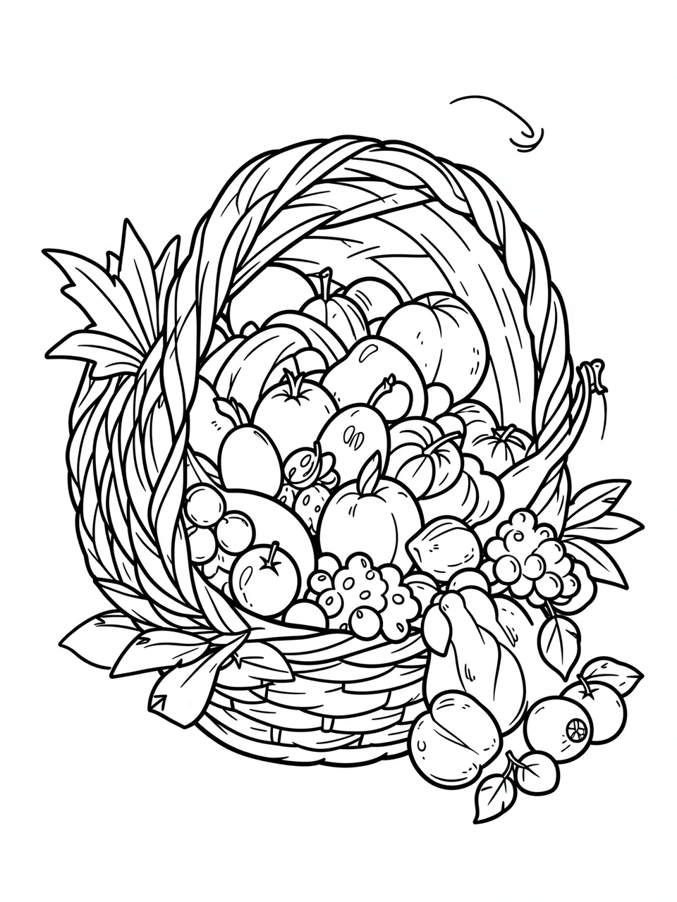 Bold black and white line art of a cornucopia overflowing with fruit and vegetables on a plain white background