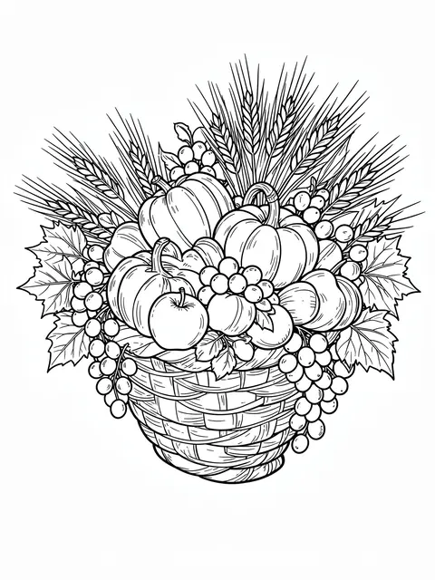 Black and white line art coloring page of an overflowing woven harvest basket filled with pumpkins, apples, grapes and wheat