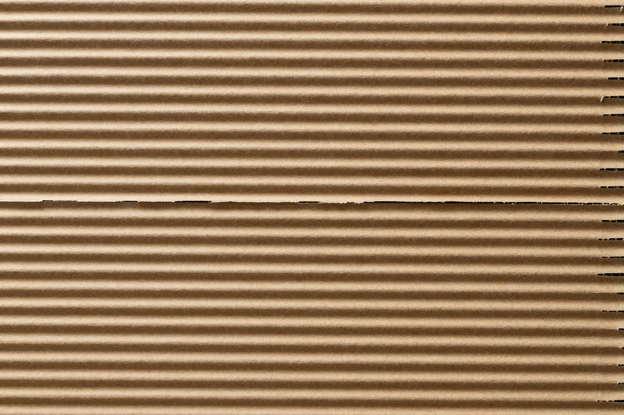 Full frame top view of exposed brown corrugated cardboard with parallel fluted ridges