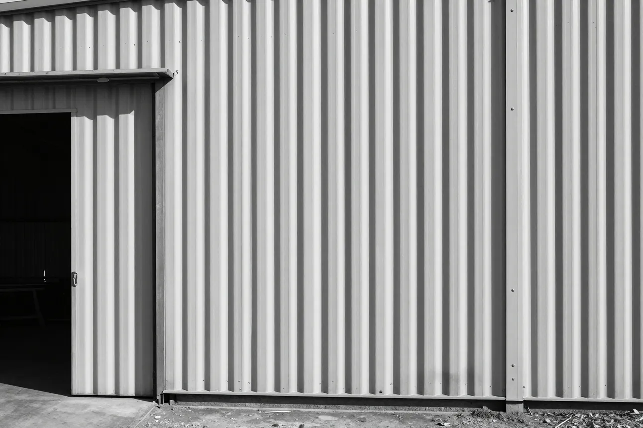 Black and white view of a corrugated metal warehouse wall with one partially open doorway casting sharp diagonal shadows