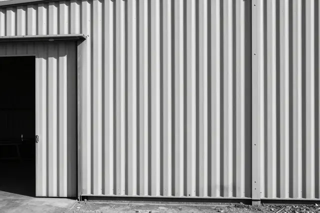Black and white view of a corrugated metal warehouse wall with one partially open doorway casting sharp diagonal shadows