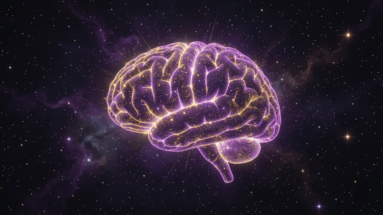 A glowing purple and gold brain-shaped nebula floats amid a starry deep space background