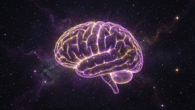 A glowing purple and gold brain-shaped nebula floats amid a starry deep space background