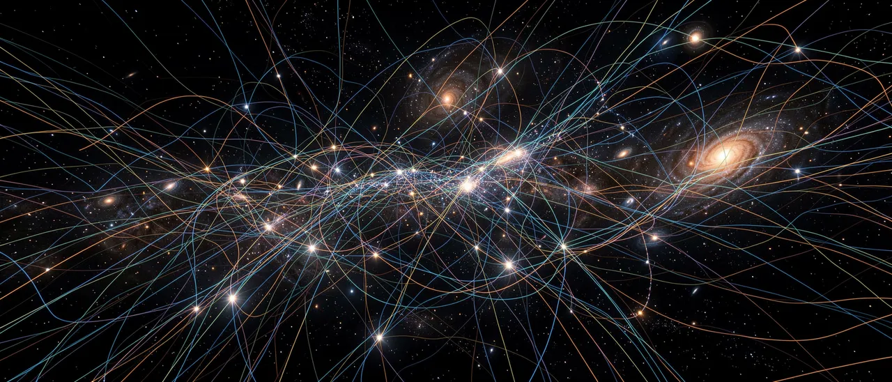 Glowing multicolored cosmic filaments stretch across dark space linking bright galaxy clusters