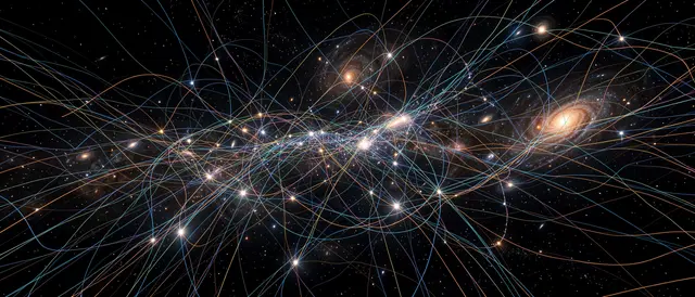 Glowing multicolored cosmic filaments stretch across dark space linking bright galaxy clusters