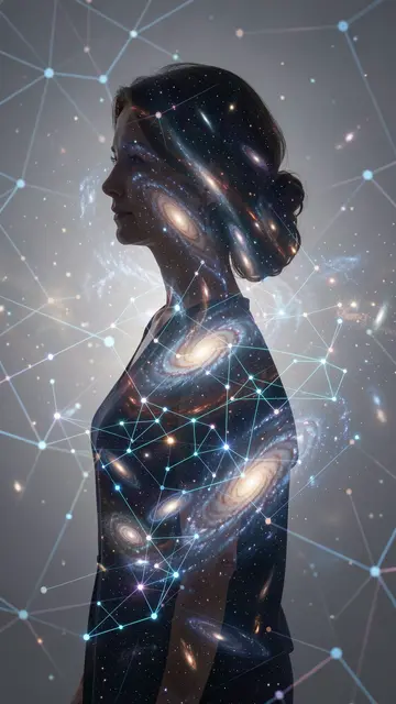 Double exposure profile of a woman filled with swirling galaxies overlaid with glowing network nodes