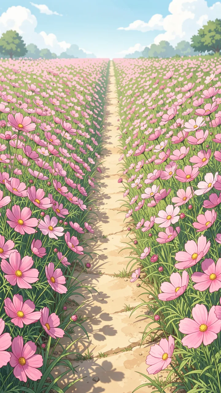 Anime-style illustration of a narrow dirt path stretching through a dense field of pink cosmos flowers under a bright sunny
