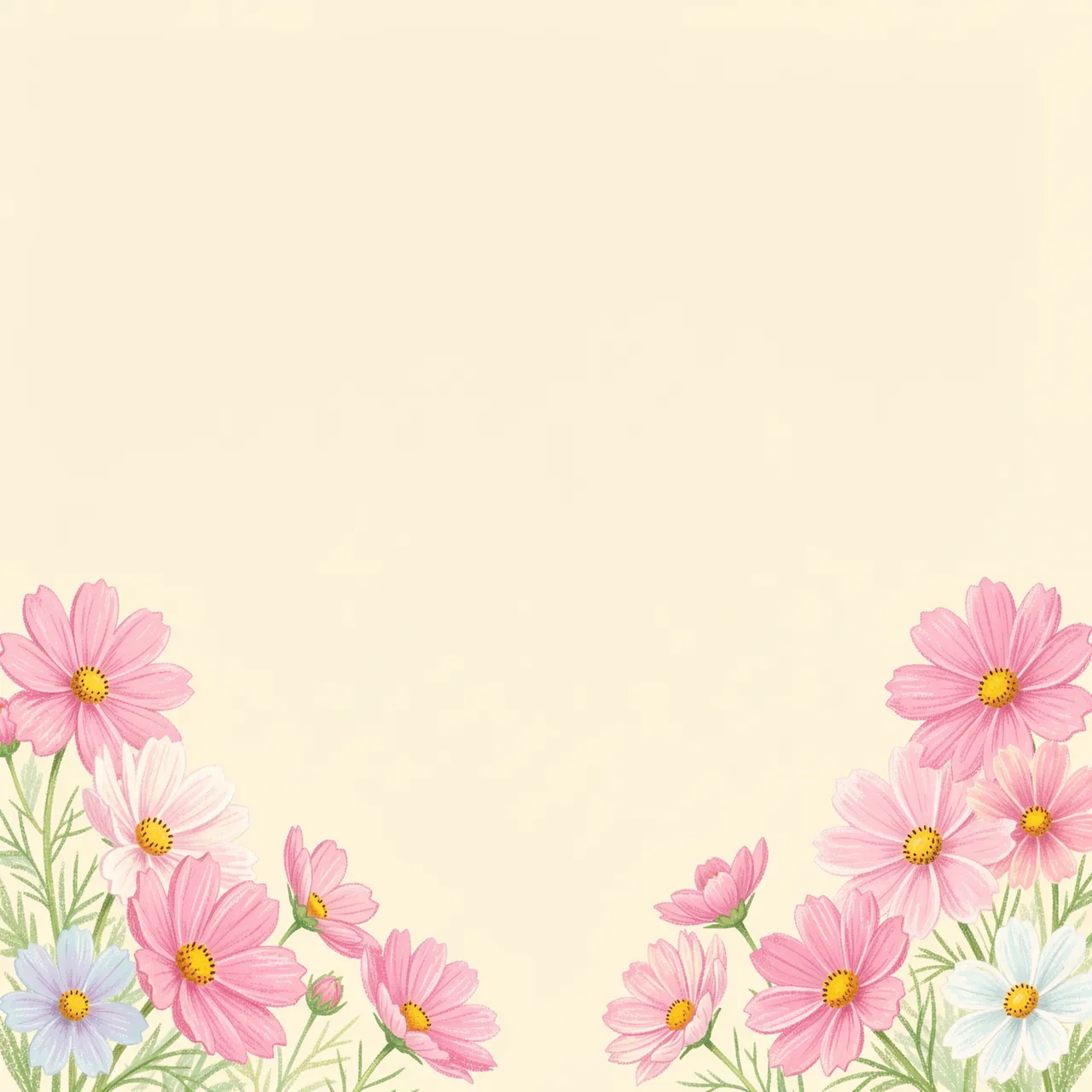 Pastel cosmos flower clusters frame the lower corners of a warm cream empty background