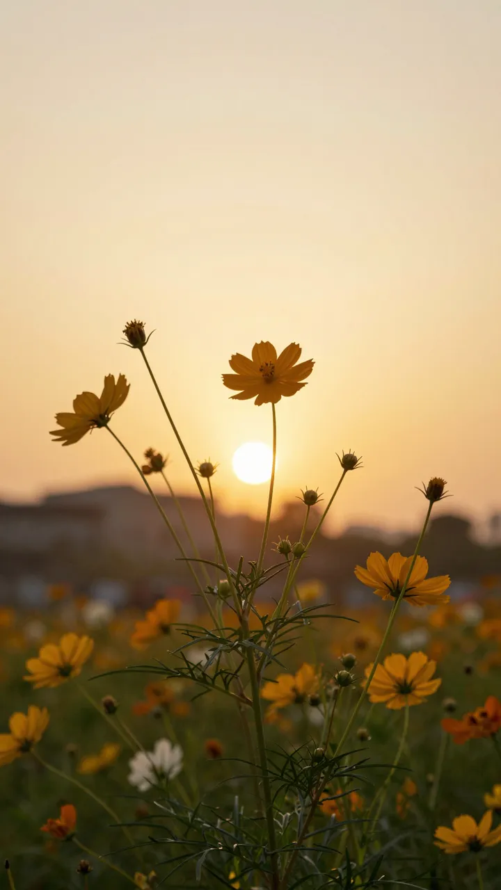 Yellow cosmos flowers stand silhouetted against a soft golden sunset sky
