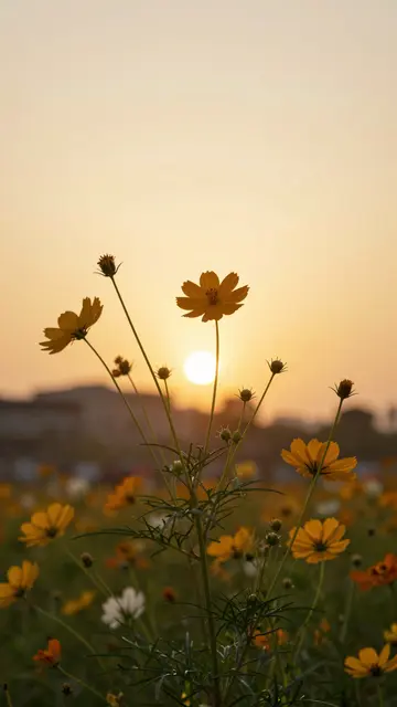 Yellow cosmos flowers stand silhouetted against a soft golden sunset sky