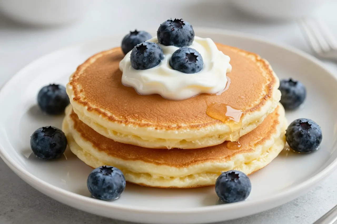 Stack of golden syrniki pancakes topped with sour cream, blueberries, and syrup on a white ceramic plate.