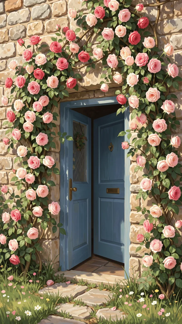 Open blue cottage door framed by lush pink climbing roses on a stone wall