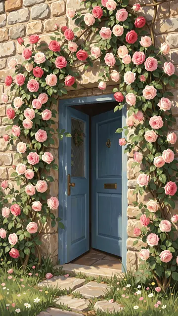 Open blue cottage door framed by lush pink climbing roses on a stone wall