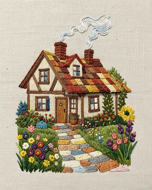 Hand-stitched embroidery of a cozy cottage with smoking chimneys and a flower-lined garden path on natural linen fabric