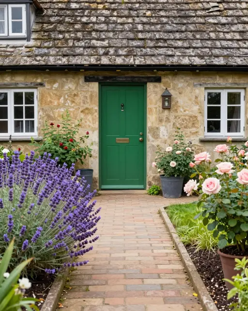 Brick path flanked by lavender and rose bushes leads to a green cottage front door