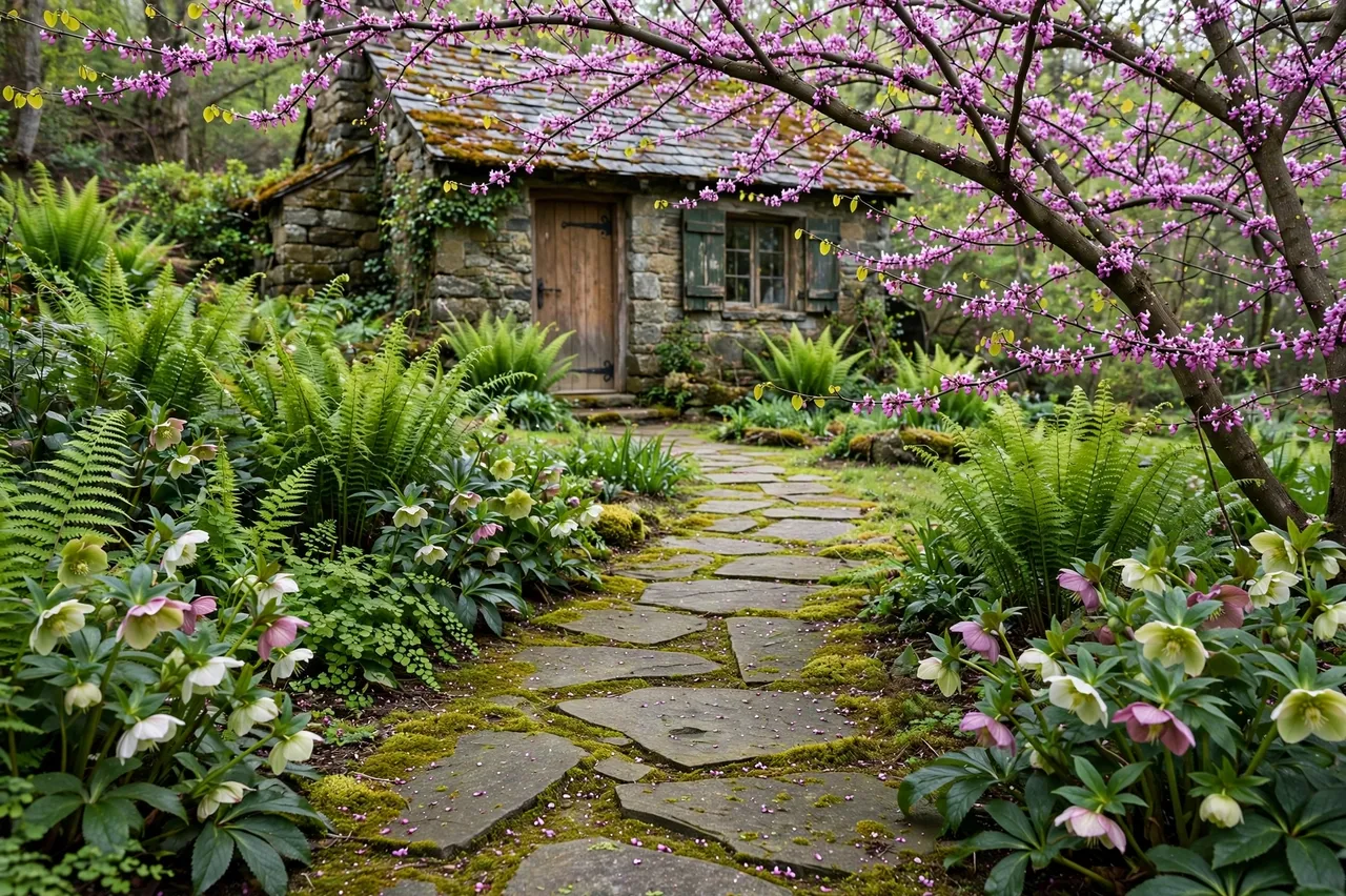 Mossy flagstone path winds through ferns and hellebores to a rustic stone cottage under a flowering redbud tree