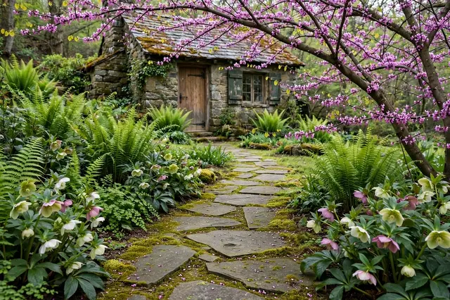 Mossy flagstone path winds through ferns and hellebores to a rustic stone cottage under a flowering redbud tree