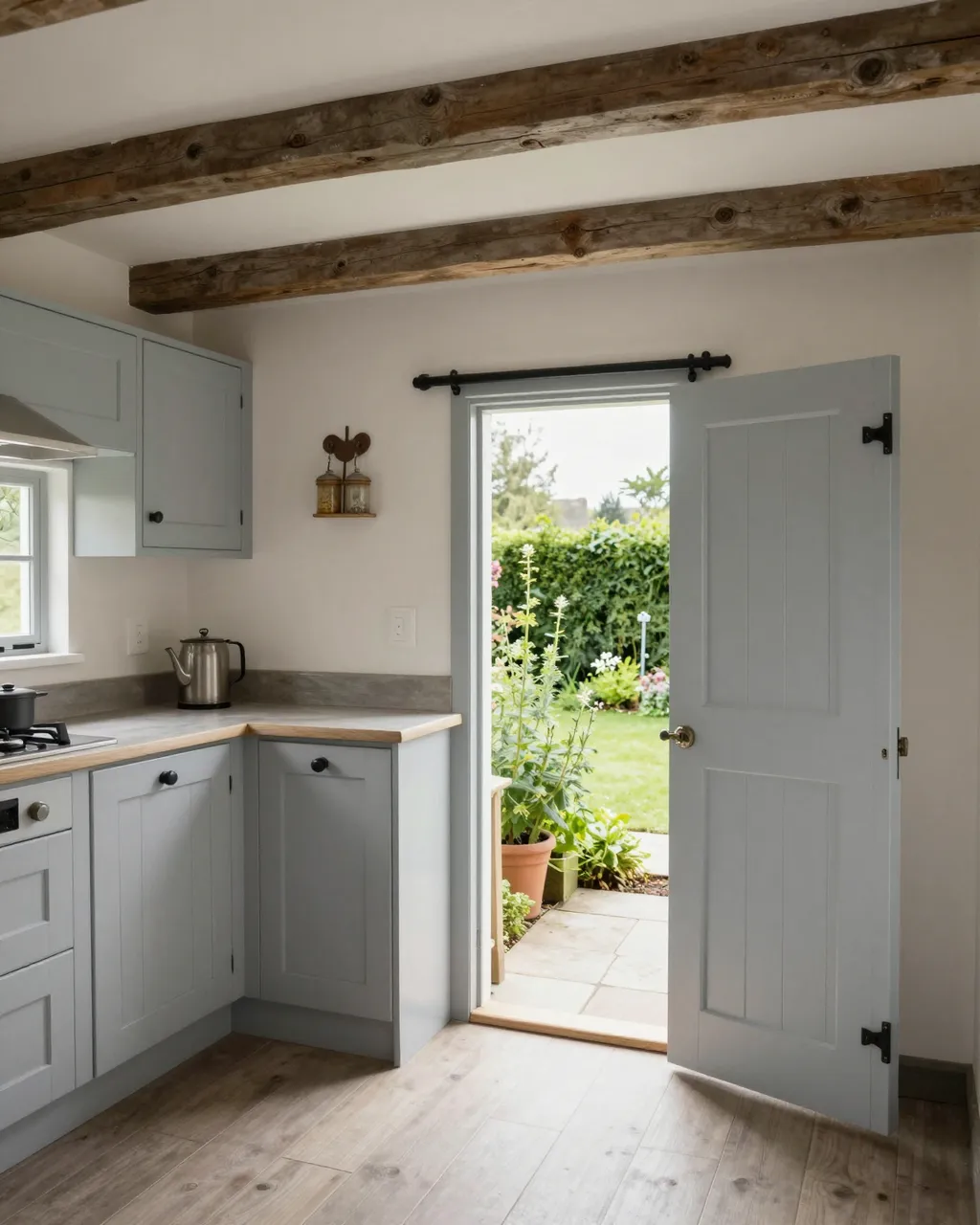 Light gray cottage kitchen with beamed ceiling opens to a sunny herb garden through an open door