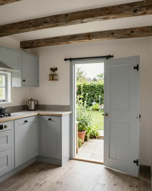 Light gray cottage kitchen with beamed ceiling opens to a sunny herb garden through an open door