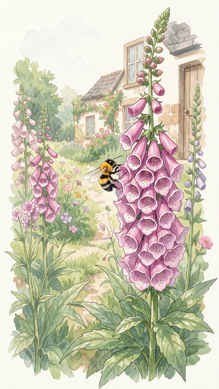A watercolor illustration of a bumblebee perched on tall pink foxgloves beside a cottage garden path