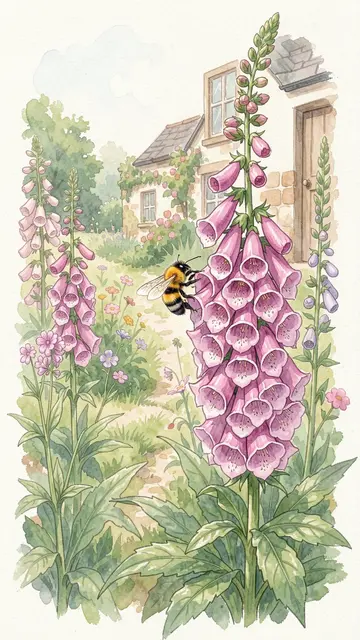 A watercolor illustration of a bumblebee perched on tall pink foxgloves beside a cottage garden path