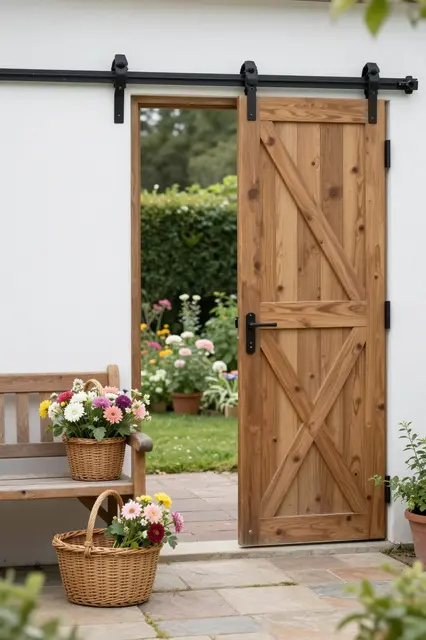 Open wooden sliding barn door leads to a garden, with flower baskets beside a wooden bench on a stone entryway.