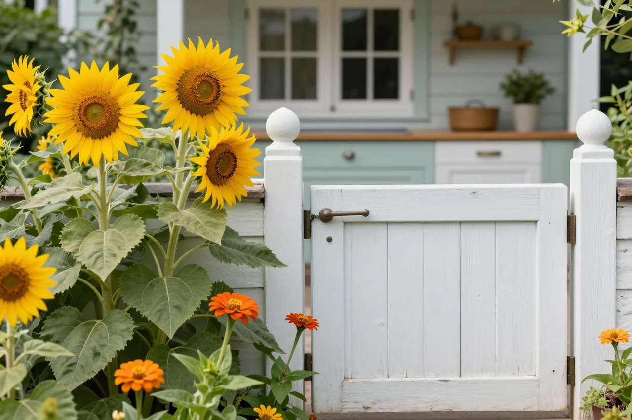 Bright sunflowers and orange zinnias grow beside a white wooden cottage gate on a calm summer morning