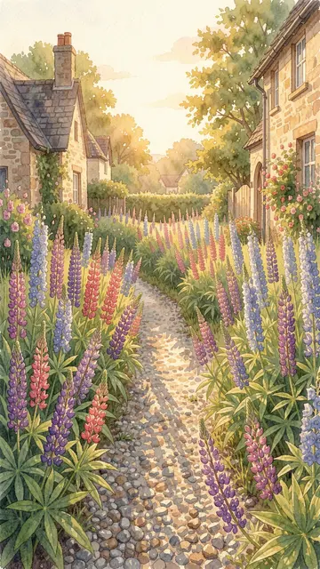 Watercolor illustration of a gravel cottage path lined with lupins between stone cottages at warm golden hour