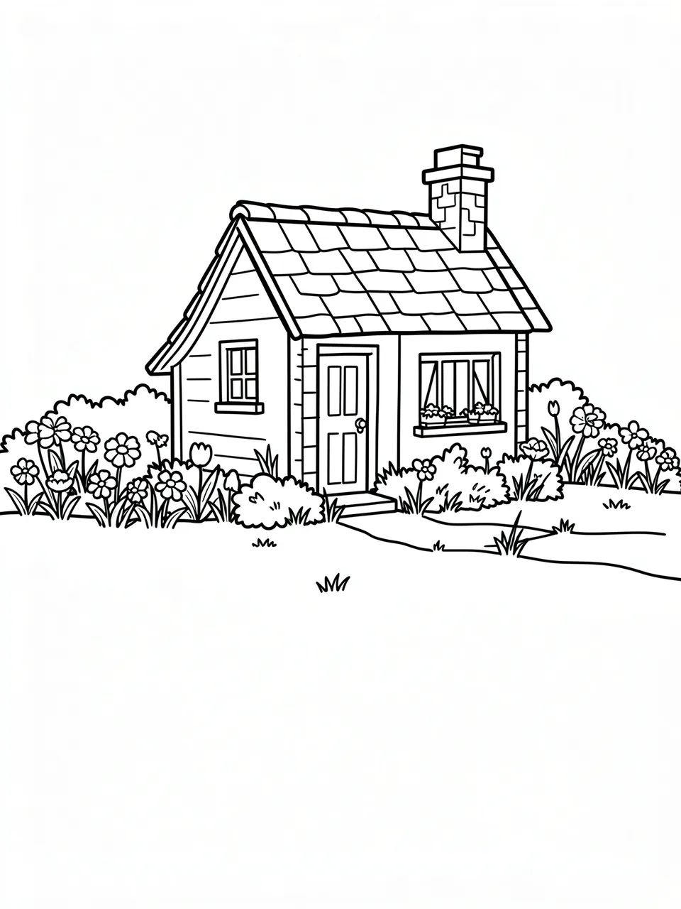Bold black line art of a tiny cottage with a chimney surrounded by flower beds on a plain white background