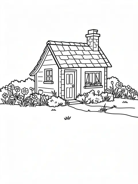 Bold black line art of a tiny cottage with a chimney surrounded by flower beds on a plain white background