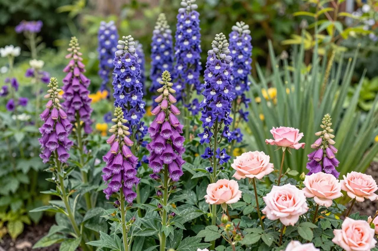 Lush cottage garden overflowing with purple foxgloves, blue delphiniums, and pale pink roses in soft natural light