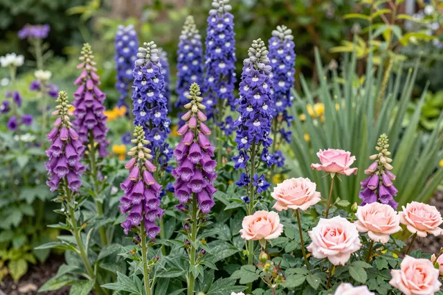 Lush cottage garden overflowing with purple foxgloves, blue delphiniums, and pale pink roses in soft natural light