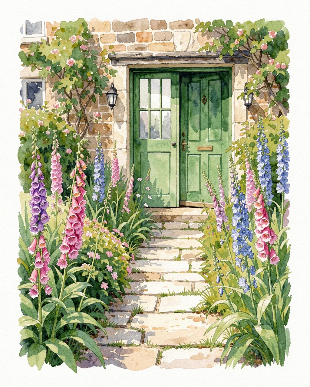 Watercolor illustration of a stone cottage path lined with foxgloves and delphiniums leading to a painted green front door.