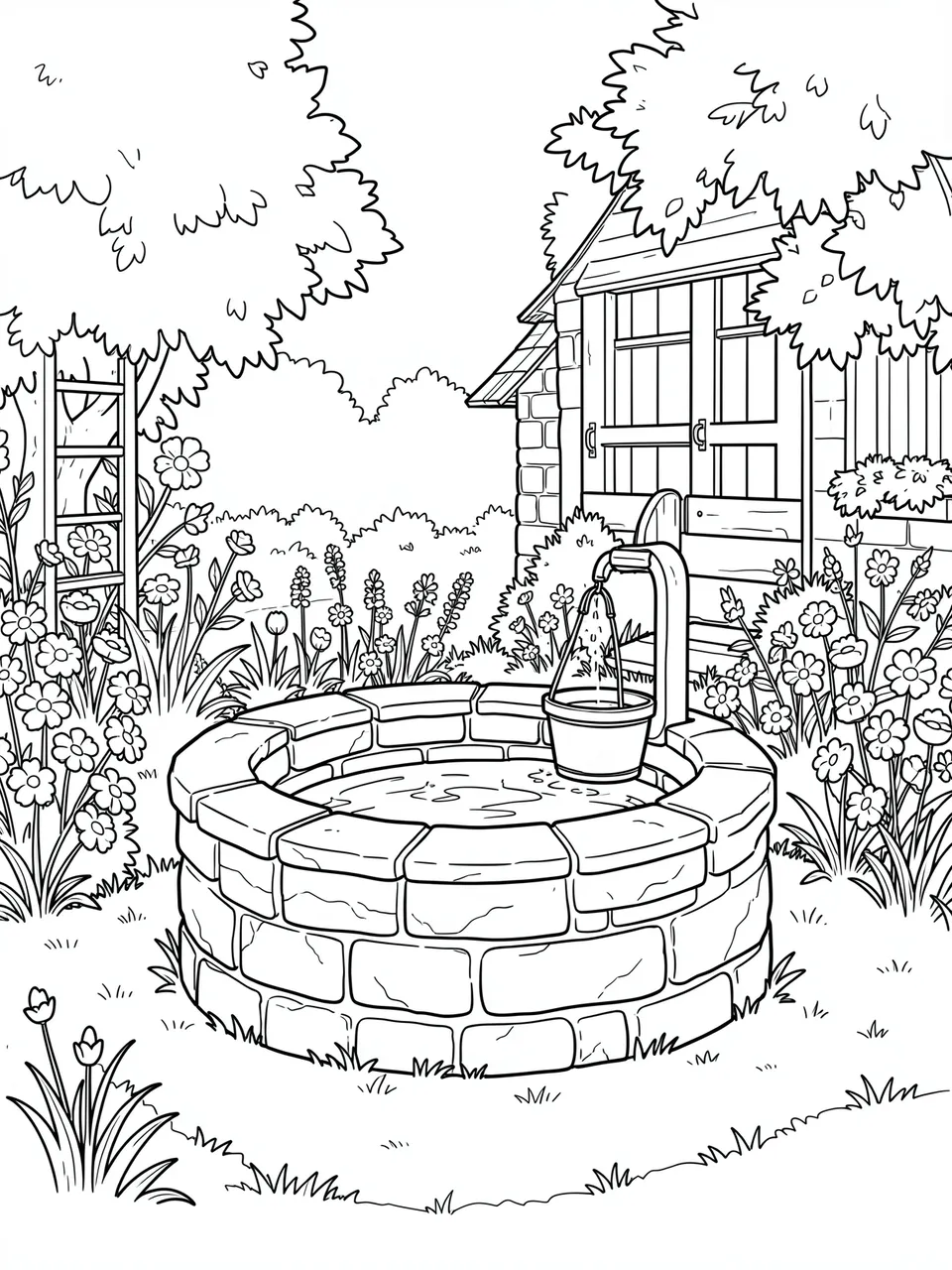 Clean black and white line art coloring page of a stone well with a bucket in a flower filled cottage garden